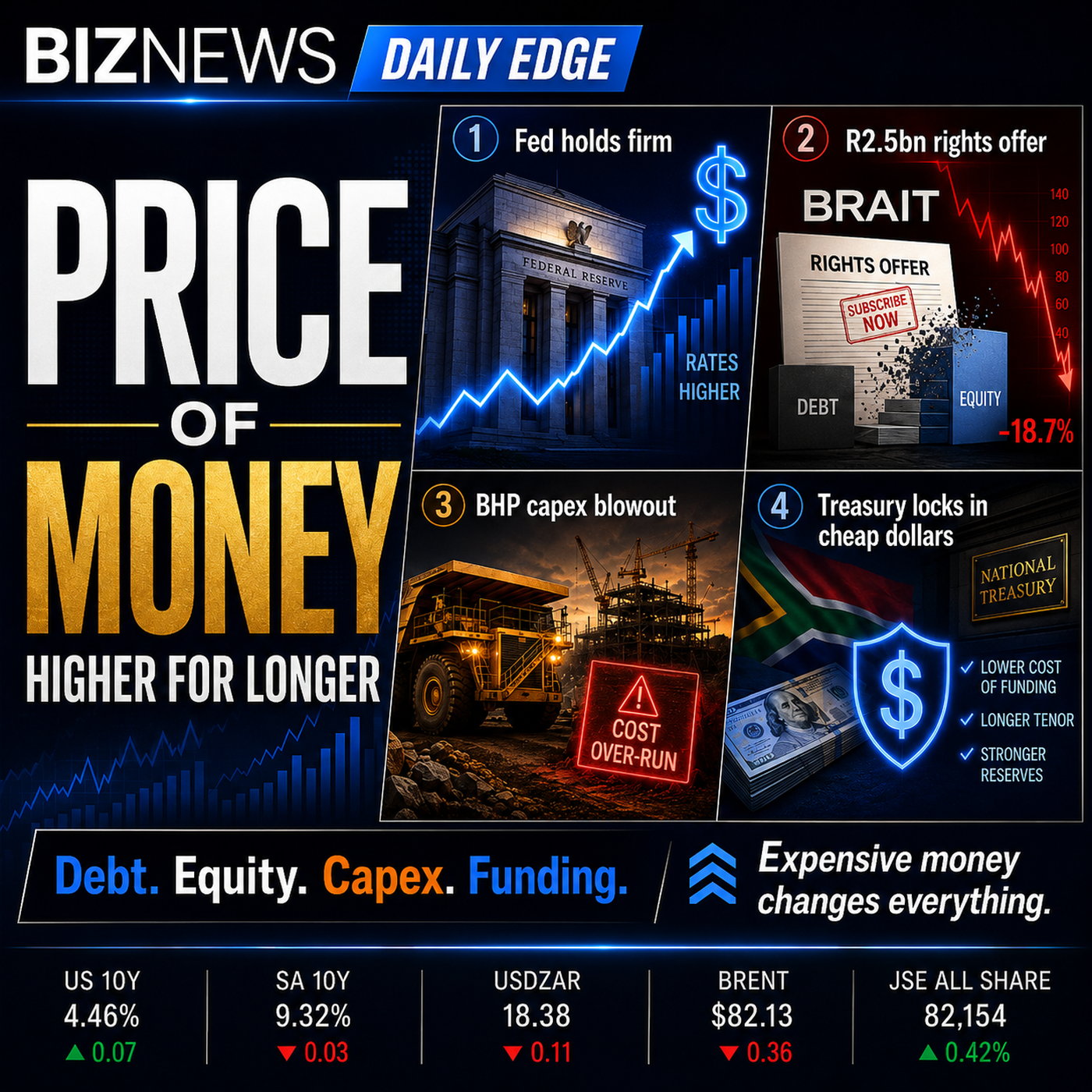 The Daily Edge: Fed’s higher-for-longer warning hits SA Inc — Brait dilutes, BHP absorbs, Treasury sidesteps