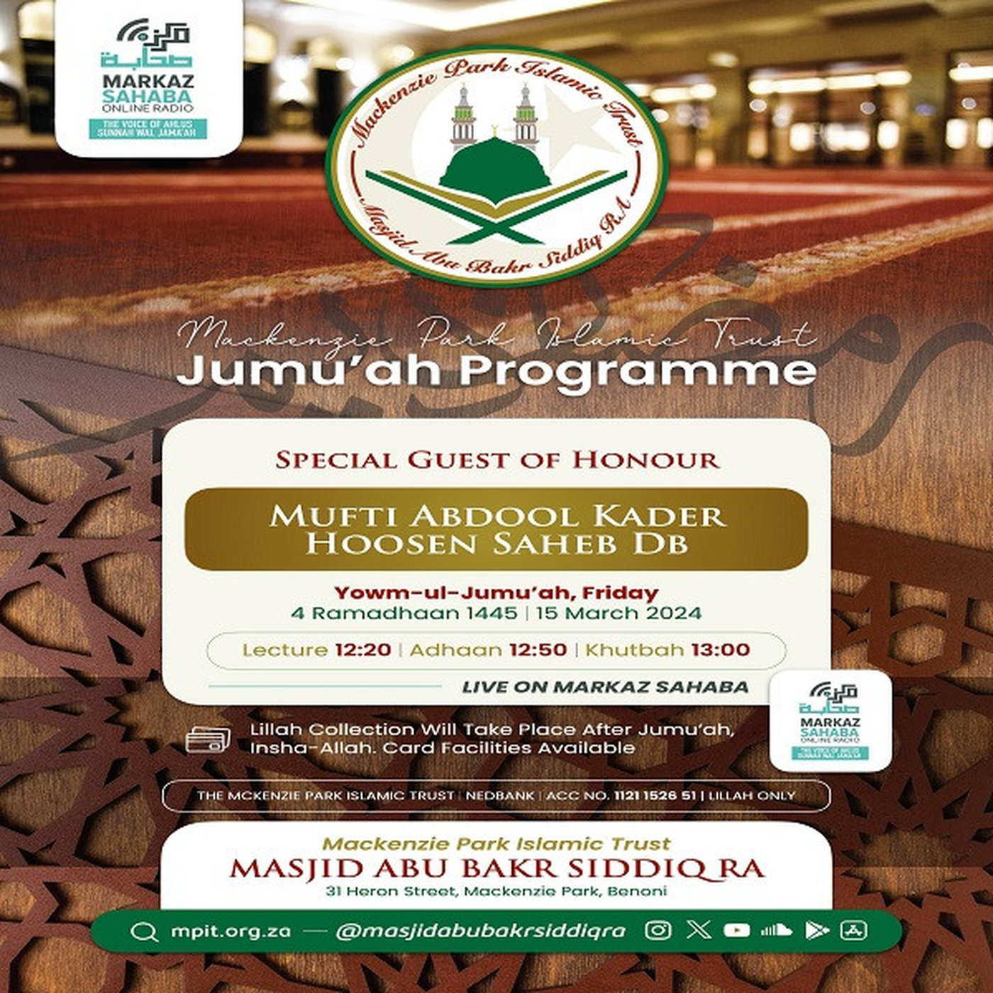 15 March 2024 - Jumu'ah Lecture with Mufti AK Hoosen episode artwork
