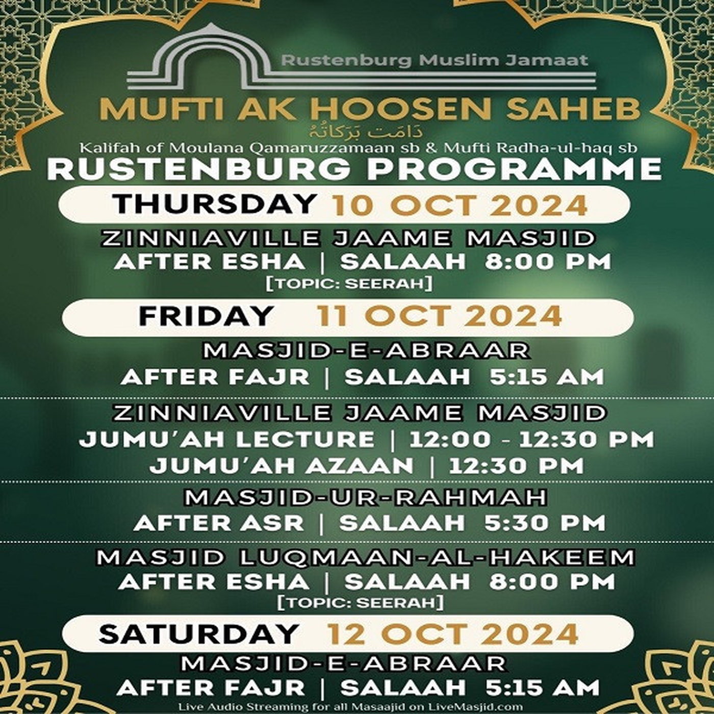 11 October 24 - Jumu'ah Lecture - Zinniaville Jaame Masjid (Rustenburg) episode artwork