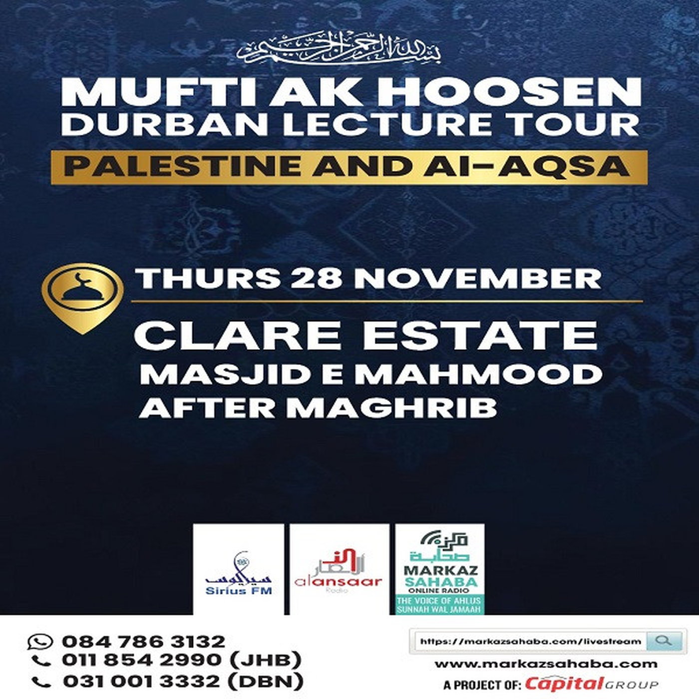 28 November 2024 - Durban Lecture Tour - at Clare Estate Masjid E Mahmood