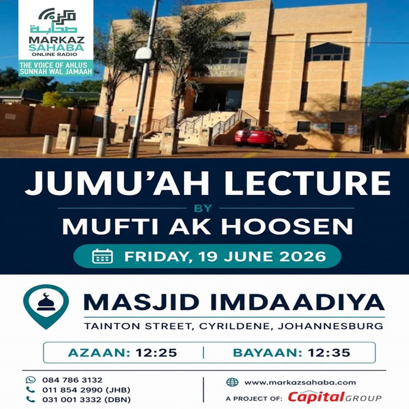19 June 26 - Jumu'ah Lecture at Masjid Imdaadiya (Cyrildene) JHB. episode artwork